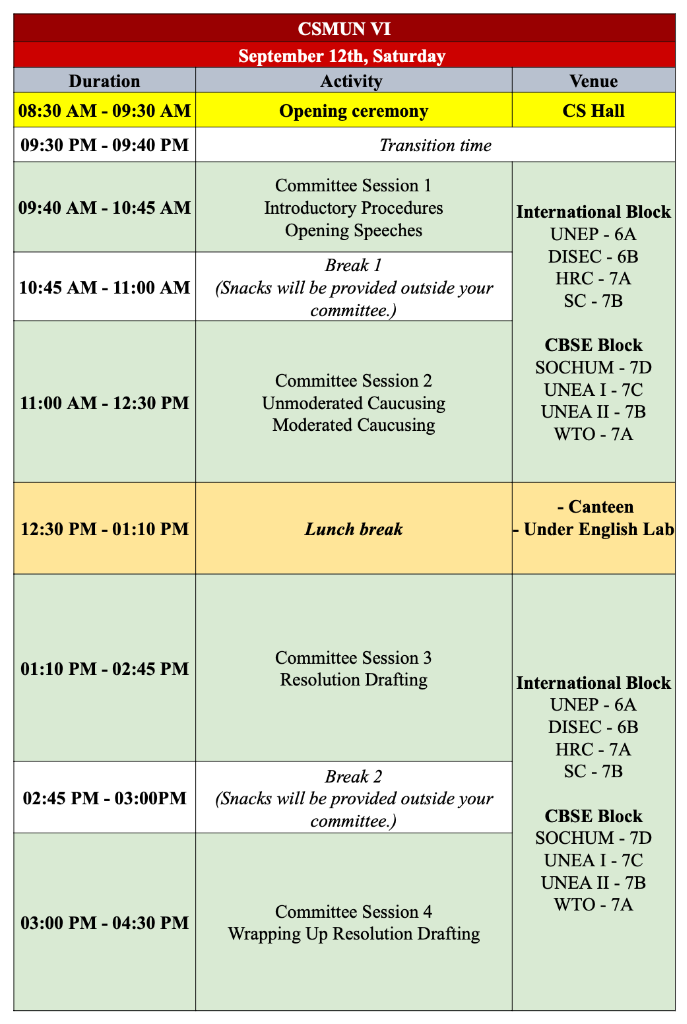CSMUN VI Day 1 Schedule - September 12th, Saturday