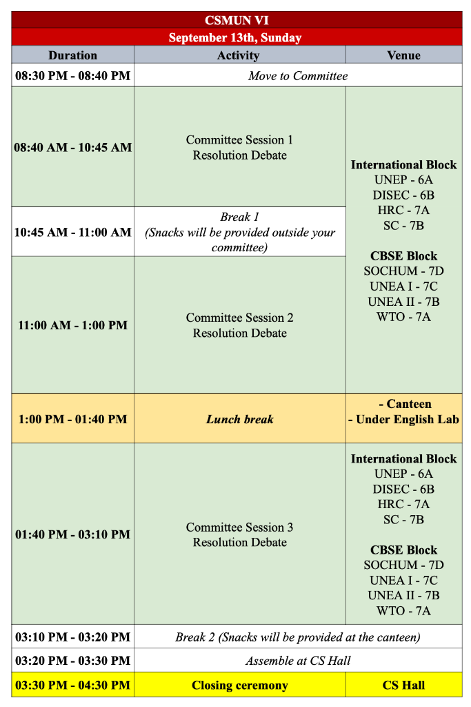 CSMUN VI Day 2 Schedule - September 13th, Sunday